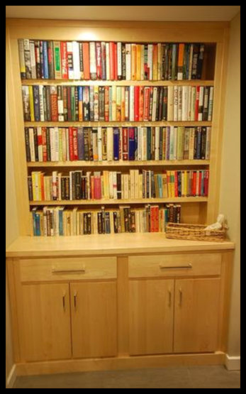 Custom Maplewood secretary with clear coat finish; 1.5-inch thick tabletop, double doors, drawers, and open shelving.